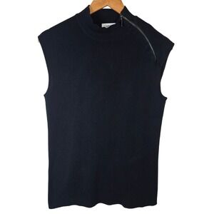 Carmen Marc Valvo Black Sleeveless Mock Neck Zipper Knit Sweater Top XL